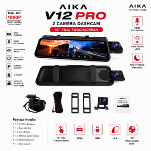 AIKA V12 Pro 2 Camera Dashcam 10" Full Touchscreen with Voice Recording