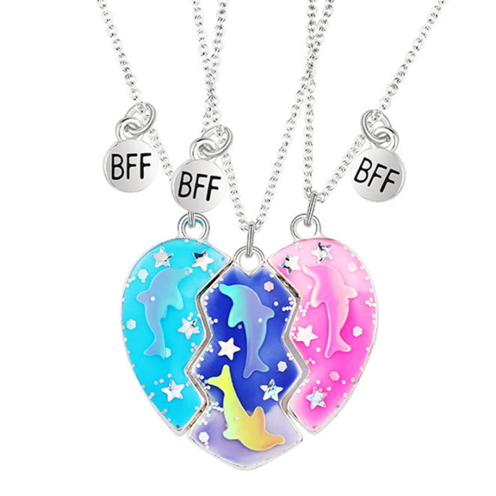 3 Pcs Best Friend Necklace Heart Shaped Dolphin Oil Drop Magnet Stitching Pendant Necklace Girls Good Friend BFF Friendship Jewelry Gift