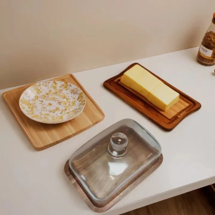 Yo-Fun Koa Wooden Butter Dish With Clear Glass Lid Multifunctional Dessert Serving Plate Acacia Wood Bread Cake Dish Tray Glass Cover Butter, Block Of Cream Cheese Serving