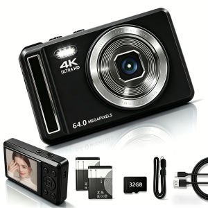 VETXI-078 4K Digital Camera 64MP Full HD Digital Point-and-shoot Camera with Anti-Shake Smile Capture 16x Zoom Compact Small Camera for Teens Girls Kids Adults