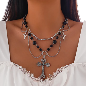 Versatile Punk Crosses and Bowknot Necklace Fashionable Metal Crosses Necklace with Bowknot and Pearls for Ladies