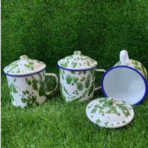 Cangkir Mug Gelas Jadul Blirik Dengan Tutup Enamel Motif RRT Coffe