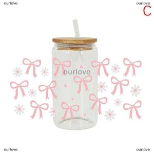 [COD] ourlove สติกเกอร์3D แบบ DTF กันแสงยูวีห่อถ้วยขนาด16ออนซ์พิมพ์ลายการ์ตูนรูปโบว์สำหรับแก้วโลหะเซรามิกแบบทำมือ