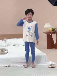 Autumn Winter Childrens Pure Cotton Mid-Neck Base Layer Thermal Underwear Set for Boys and Girls Cartoon Print Round Neck Homewear