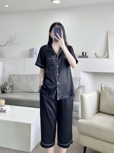 Đồ bộ bigsize nữ mặc nhà Pijama Lửng lụa latin trơn Đen cao cấp (55-95kg) - Hàng thiết kế Mĩm Store