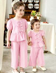 BB Elegant Pink Striped Bowknot Blouse with Ruffle Sleeves and Wide Leg Pants Set for Women
