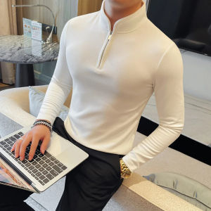 Mens Half Zipper Long Sleeved T-shirt Autumn Winter New Pure Color Thicken Slim Fit Elastic Fashionable Versatile T-Shirt