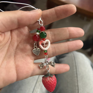 Minwen Unique Sweet Strawberry Phone Charms Pendant Cute Bow Heart Beaded Keychain Camera Schoolbag Decoration Accessories Gifts