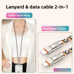 2-in-1 Phone Lanyard Strap Charge Cable Crossbody/Wrist PD 66W Fast Charging Data Cable for Apple 15 Huawei Android Type-C Universal