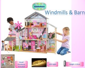 KiddieStore Wooden Doll House Kidkraft Windmill Wooden LED light Dollhouse Mansion for Kids Toys / Pretend Playset Big Wooden Doll House
