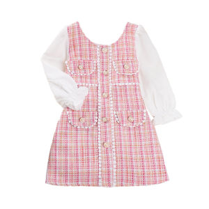 Sunday Kids Dress Knit Check Dress Pearl Embellishment Pink Short Sleeve Dress Puff Sleeve Plaid Dresses 2-7 Years Baby Girls Clothing