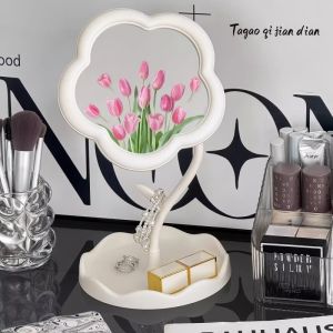 LANIAKEA Cermin Kecantikan Aesthetic Desain Bunga dengan Dudukan 360 Rotasi Hadiah Lucu Anak Perempuan Meja Rias Dekorasi