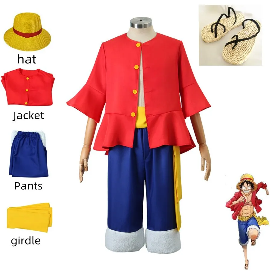 One Piece Monkey D. Luffy Anime Cosplay Costume Red Top Blue Pants