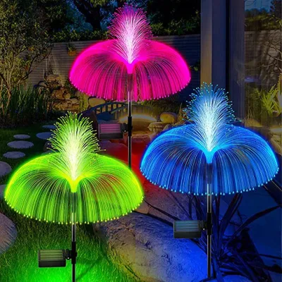 HOMEMOEY 7 Colors Double Solar Jellyfish Light Solar Garden Lights LED Fiber Optic Lights Outdoor Waterproof Decor Lamp
