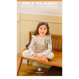 LNR Shop PA-003 PA-004 GIRLS PAJAMAS BAJU ANAK PEREMPUAN MOTIF BUNGA BIRU PINK AKSEN RUFFLE 1 SET LENGAN PANJANG BAJU TIDUR BAJU ANAK CEWEK FLOWER HYTS