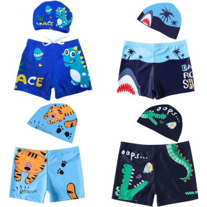 Boy Swimming Trunks with Swim Hat Animal Swim Shorts Boardshorts with Drawstring Toddler Swim Set for Kid Boy Age 3-12