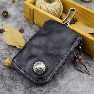 Genuine Vegetable-Tanned Leather Key Case – Handmade Retro Zipper Pouch for Car Keys Wallet & Essentials