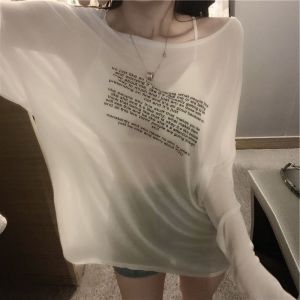 Sunscreen shirt Ready Stock MY Women Loose Long Sleeve Sheer Mesh Top Letter Print See Through Blouse Casual Layer Outfit For Daily Beach Wear