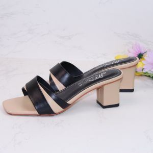 Dép/guốc cao gót vuông 5p quai bản phối màu - G92