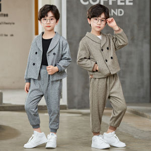 lontakids 2-11 Years Boys Blazer Jacket Suit 2Pcs(Coat+Pants)/3Pcs(Coat+Pants+T-shirt) Kids Khaki Gray Double Breasted Suit Clothes Set Childrens Casual Wear