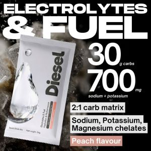 NO NASTIES Diesel: Electrolytes & Fuel 2:1 glucose:fructose sodium potassium magnesium. Peach. HYROX run cycling