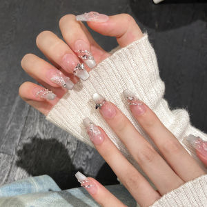 100% HANDMADE Artificial Nail Magic Mirror Pink Butterfly Cats Eye Phototherapy Press on Nails Reusable and Removable Nails with Toolkit