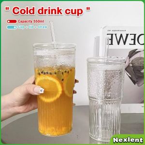Nexlent 550ml Creative Glass Water Cup with Straw and Lid Juice Milk Tea Coffee Cold Drink Mug
