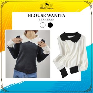 Blouse Wanita Berkerah Bahan Rajut Knitwear Long Sleeve Sweater / Baju Rajut Lengan Panjang Aksen Kancing Cewek SE P373