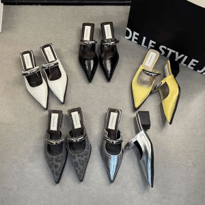 Summer Women Cover Toe Mules Slippers Fashion Metal Decoration Thick Heel Slide Shoes Comfort Street Style Footwear2026