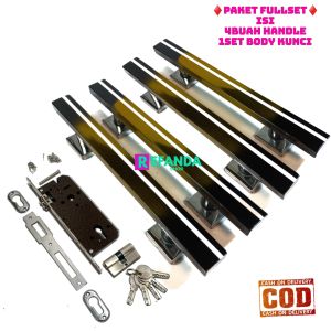 Paket untuk pintu depan daun pintu 2 model kupu tarung isi 4 buah handle pintu lengkap set lock body kunci pilihan panjang handle 33cm 45cm dan 60cm bahan stainless.