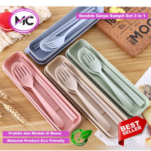 Sendok Set Garpu Sumpit Sendok Set Bahan Jerami Sendok Set 3 in 1 Perlengkapan Makan Traveling Size Murah Import BPA Free