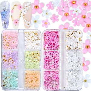 3D Flower Nail Charms 2 Boxes 3D Acrylic Flower Nail Art Charms and Gems White Pink Mixed Cherry Blossom Spring Rhinestones Acrylic Nail Supplies with Pearls Mani DIY Nail Decorations