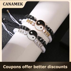 【 CANAMEK 】 2Pcs Tai Chi Yin Yang Couple Bracelets Necklaces Set Pendant Adjustable Braid Chain Bracelet Matching Lover Bracelets Choker