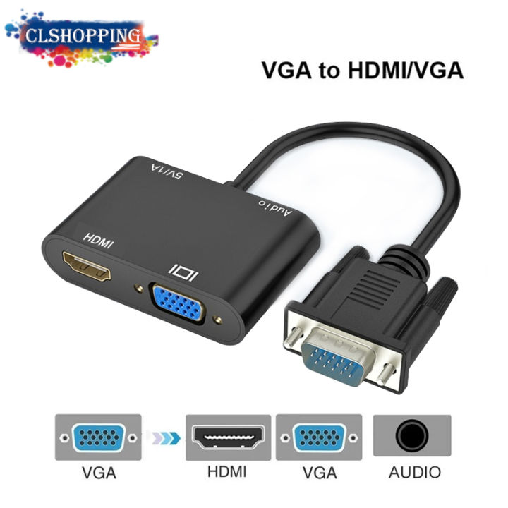 VGA to HDMI VGA Adapter 1 in 2 Out with 3.5mm Audio cables Support VGA