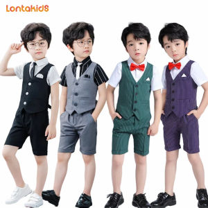 lontakids 4Pcs Boys Stripe Plain Suit (Vest+Short Sleeve Shirt+Shorts+Tie) Kids Formal Wear Wedding Birthday Party Children Gentleman Clothes Set 2-12 Years