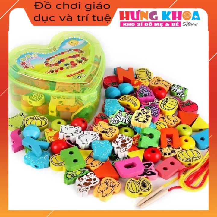 Hộp xâu chuỗi hạt gỗ hình trái tim giúp bé rèn luyện tính kiên nhẫn và ...