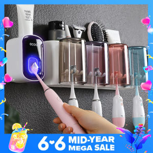 SG IN STOCK Wall Mount Toothbrush Holder Automatic Toothpaste Squeezer Dispenser Multi-Functional Bathroom Accessories Organizer Rack