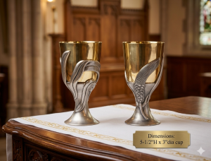 Two-Tone Communion Chalice w/ Paten | 5.5-Inch Eucharistic Cup with Wheat & Abstract Leaf Motifs