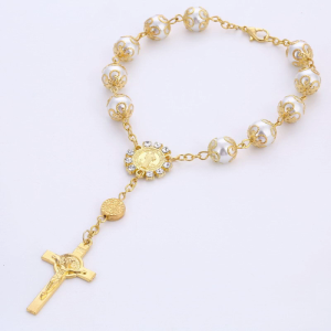 Metal Bracelets for Women Silver Tone Beads with Silver Chain and Cross| One Decade Auto Rosary Beads Catholic Bracelet