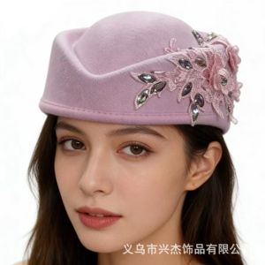 NEMOPH British Retro Top Hats Diamond Flower Applique Formal Felt Beret  Concave Top Pillbox Cap for Party