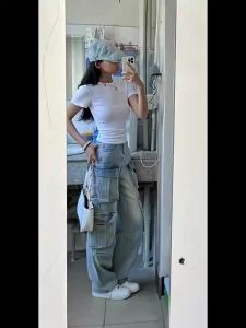 American High Street Stylish Straight-leg Cargo Jeans Female Spring & Fall New Arrival Multi-Pocket Loose Figure Flattering Wide Leg Pants