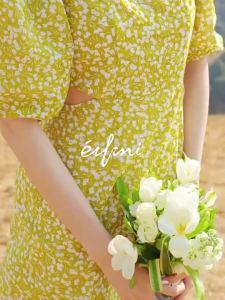 Korean High-End Dress puff long black French Square pink green tops yellow Simple Short Sleeve Dress Yellow daisy puff sleeve long Casual   floral summer dress for women infinity dress for woman casual plus size dress summer outfit bodycon