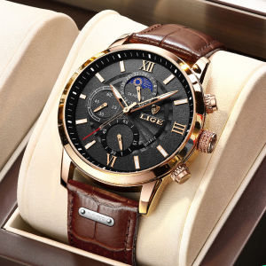LIGE jam tangan pria terbaru 2023 tahan air Tali kulit Chronograph Penunjuk Bercahaya Jam Tangan keren Cowok + Kotak