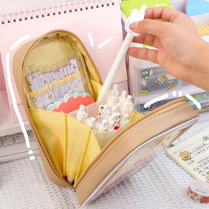 Kawaii Transparent PVC Pen Bag Korean Style PU Leather Pencils Case Large Capacity Stationery Pouch for Girls Cute Cartoon Design Back To School Supplies Organizer