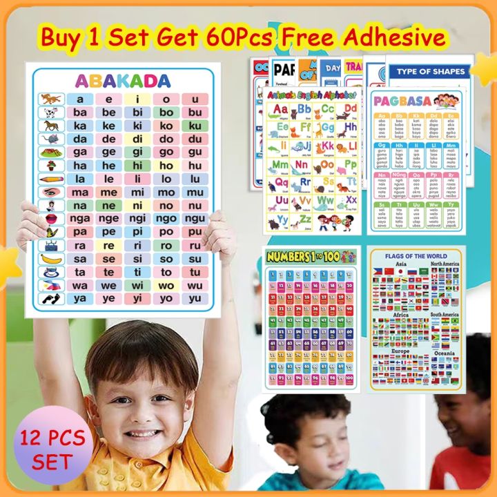 12 PCS Learning Materials Educational Charts For Kids Abakada English ...