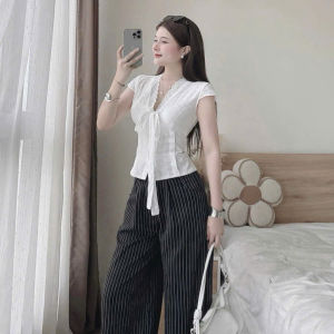 Set công sở nữ set tiểu thư mặc hè áo Ren hoa nổi buộc dây nơ tay hến phối quần Kaki sọc suông xinh