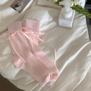 4Pairs Y2K Ballet Style Ribbon Bow Bandage Stockings Lace Stripe Balletcore Calf Socks Lolita Hollow Out Harajuku Lace Mesh Sock