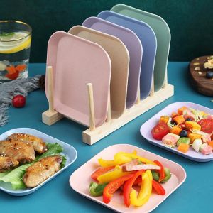 Household Snacks Dried Fruit Plate Fruit Plate Dish Plate Plastic Dinner Plate Small Dish Creative Square Plastic Tableware Saucer Plate Snack plate Pastel Wheat straw spit bone dish 1PCS square plain color