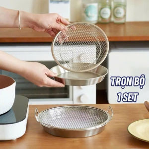 Combo Khay Lưới Inox 20cm + Vỉ Lưới Ráo Dầu – Đồ Chiên Hấp Dẫn Không Lo Dầu Thừa