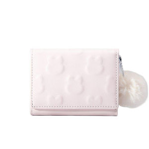 Wallet Women Small Size Travel Mini Leather Lady Teen Girl Kid Cute Trifold Card Holder PU Leather Multiple Card Slots Portable Credit Card Holder Heart Plush Ball Fashionable Rabbit Print Pompon Pendant Heart-Shaped ID Window Ultra-Thin Coin Purse